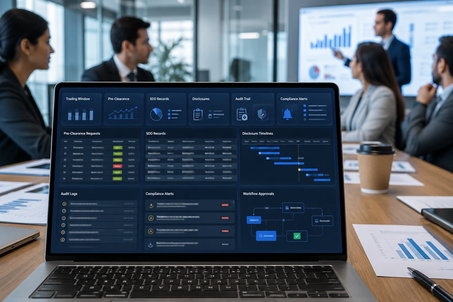 Digital insider trading compliance dashboard showing trading window management, SDD records, and approval workflows
